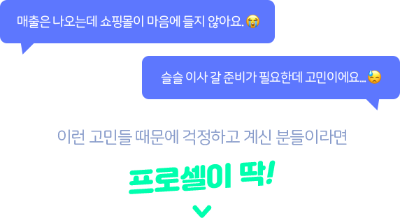 매출은 나오는데 쇼핑몰이 마음에 들지 않아요. 슬슬 이사 갈 준비가 필요한데 고민이에요... 이런 고민들 때문에 걱정하고 계신 분들이라면 프로셀이 딱!