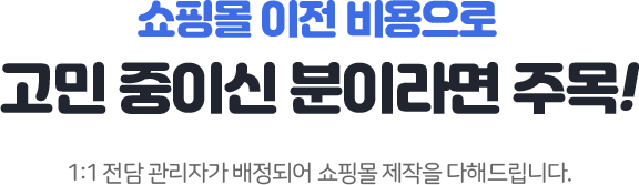 쇼핑몰 이전 비용으로 고민중이신 분이라면 주목! 1:1 전담 관리자가 배정되어 쇼핑몰 제작을 다해드립니다.